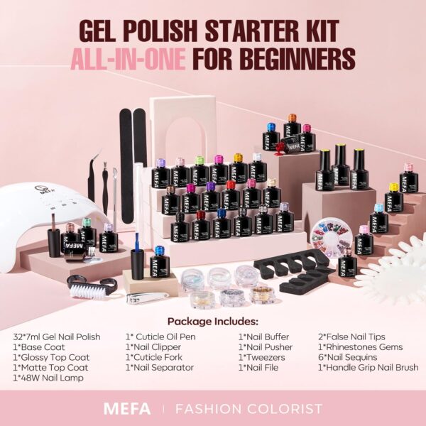 MEFA 56 Pcs Gel Nail Polish Kit with U V Light, 32 Colors All Seasons Soak Off Gel Polish Nail Set with Matte/Glossy Base Top Coat Essential Manicure Tools Nails Art DIY Christmas Gifts for Women - Image 9